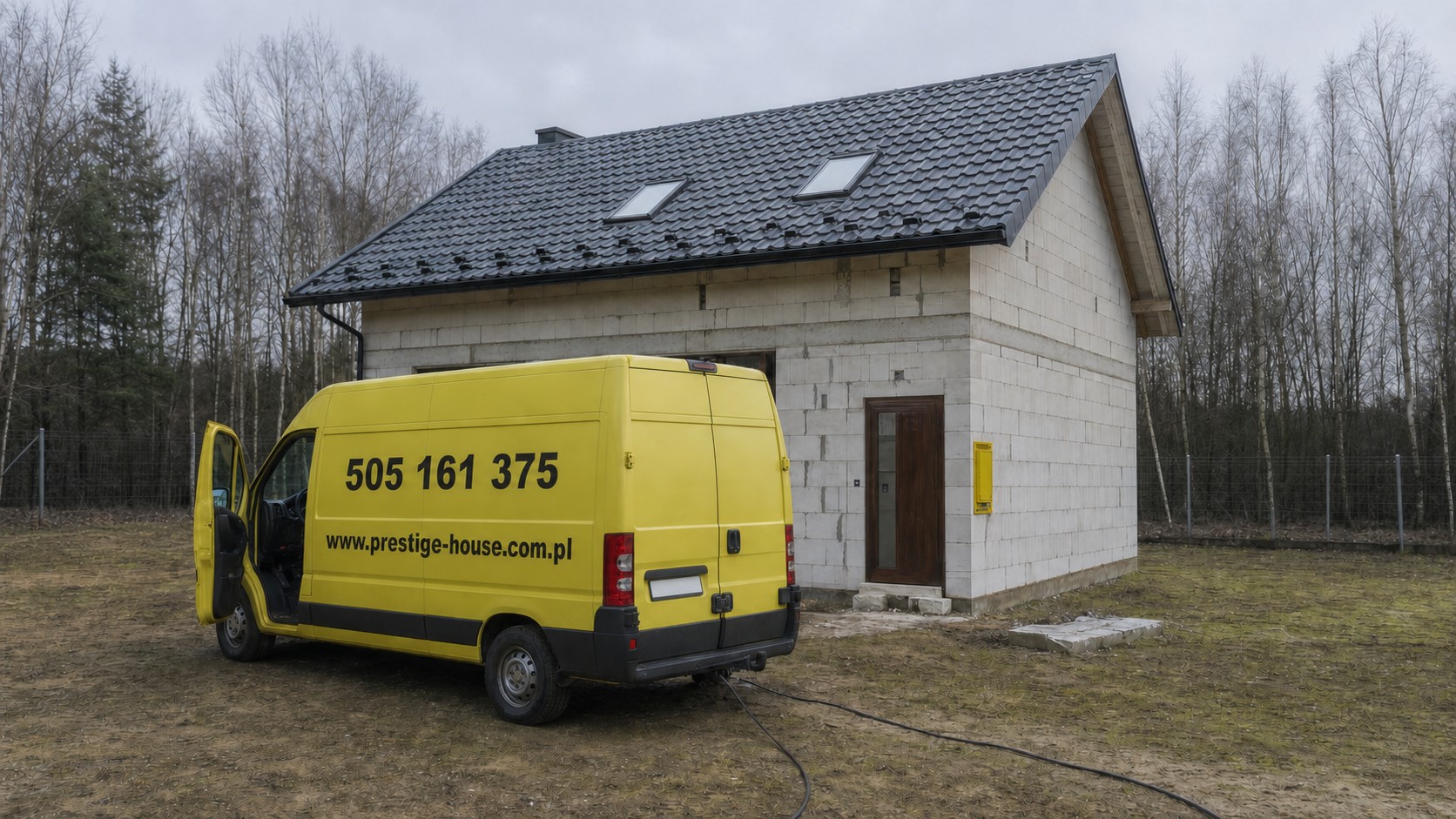 Samochód Prestige House przy domu w stanie surowym